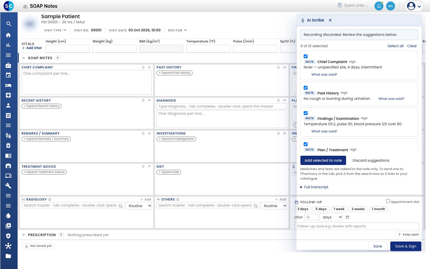 The AI Scribe panel listing the suggestions drafted from a consultation, each with a tick box