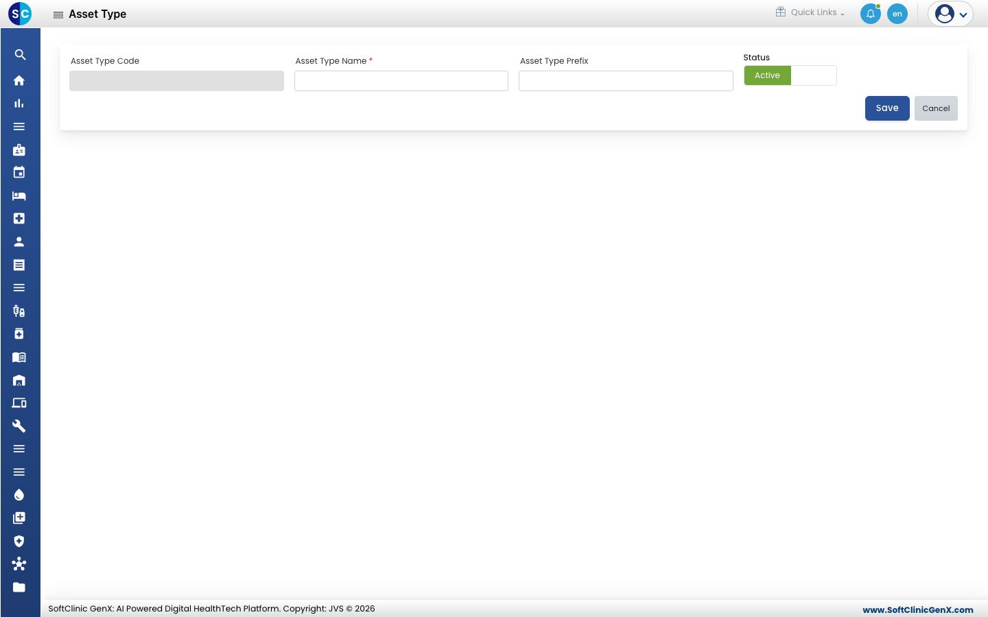 The Asset Type form with Asset Type Code, Asset Type Name, Asset Type Prefix and Status.