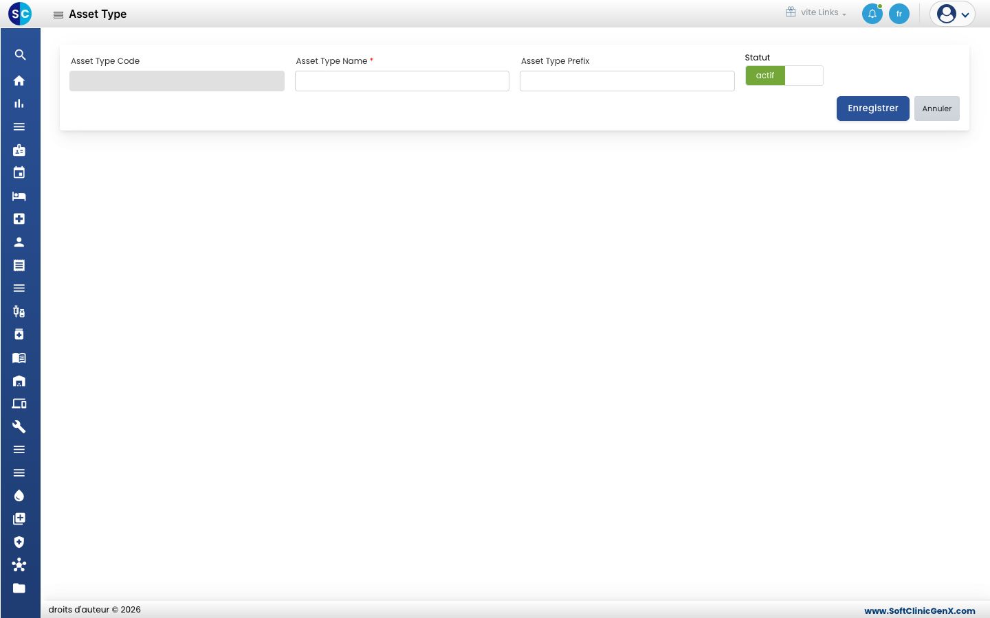 Le formulaire Asset Type avec Asset Type Code, Asset Type Name, Asset Type Prefix et Statut.