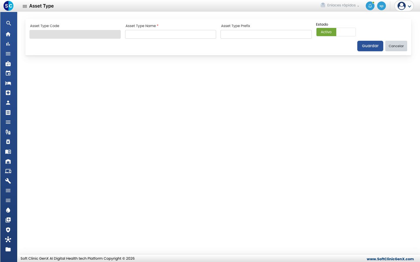 El formulario de Asset Type con Asset Type Code, Asset Type Name, Asset Type Prefix y Estado.