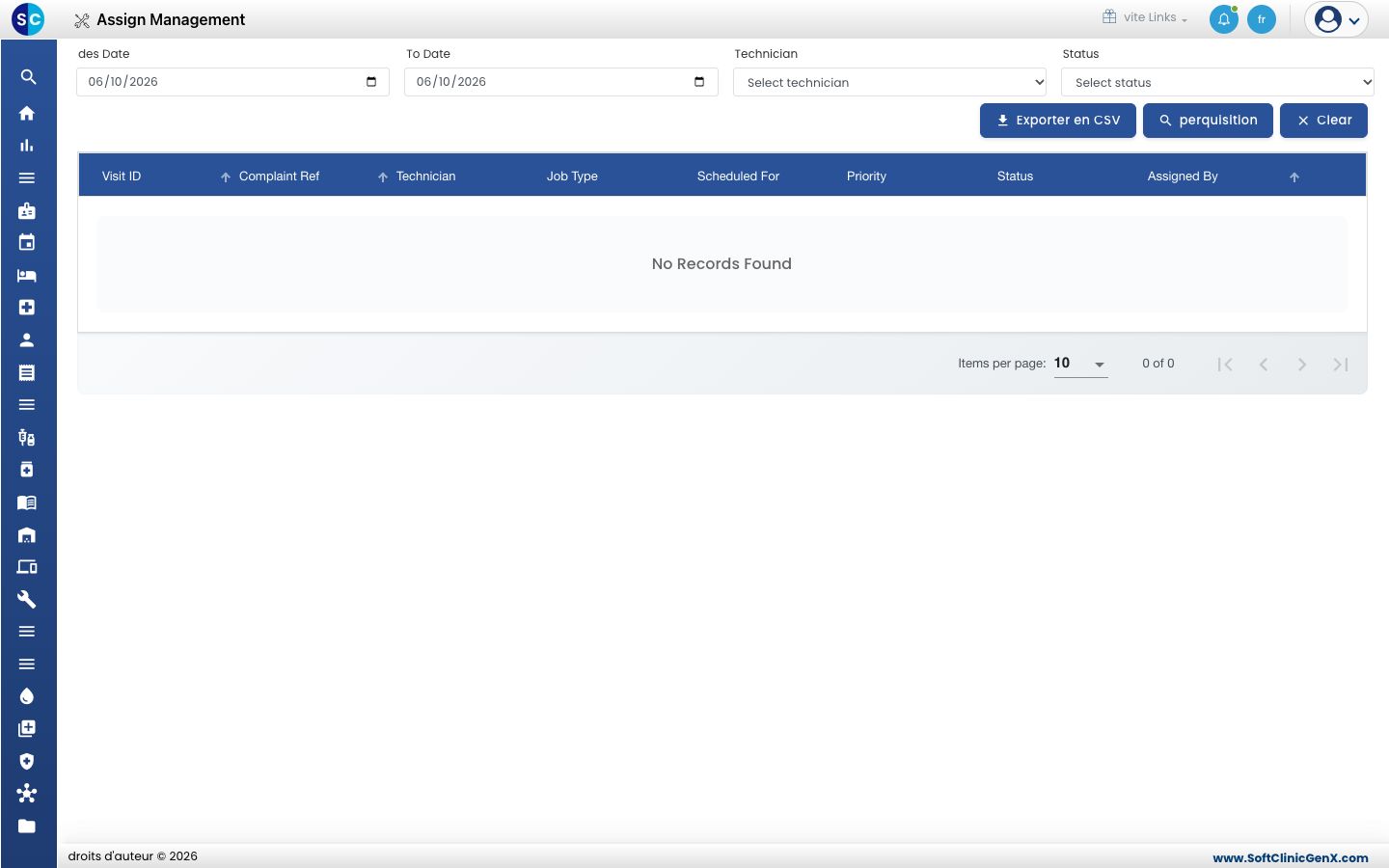 La liste Assign Management avec les filtres et les colonnes Visit ID, Complaint Ref, Technician, Job Type, Scheduled For, Priority, Status et Assigned By.