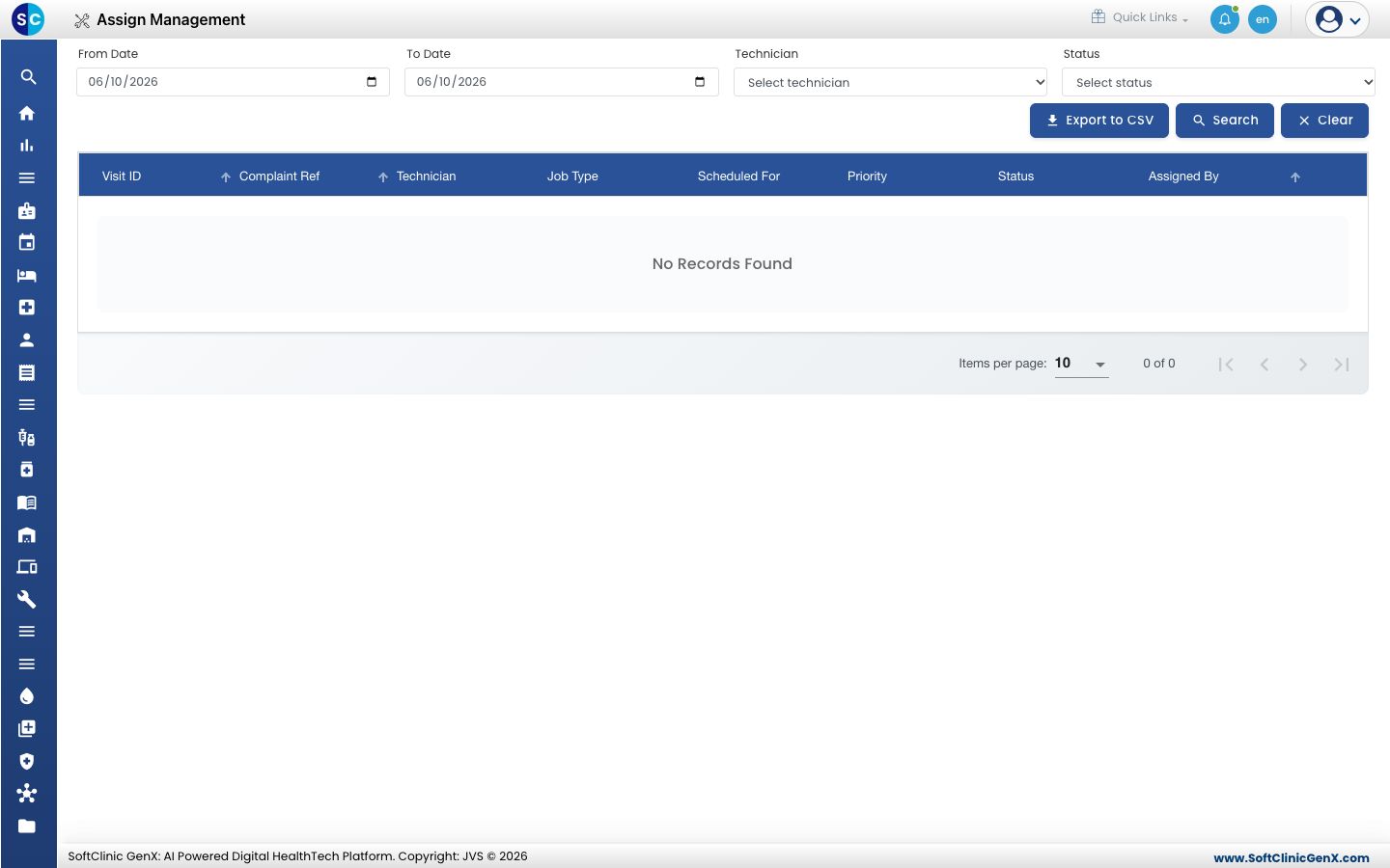 The Assign Management list with the filters and the columns Visit ID, Complaint Ref, Technician, Job Type, Scheduled For, Priority, Status and Assigned By.