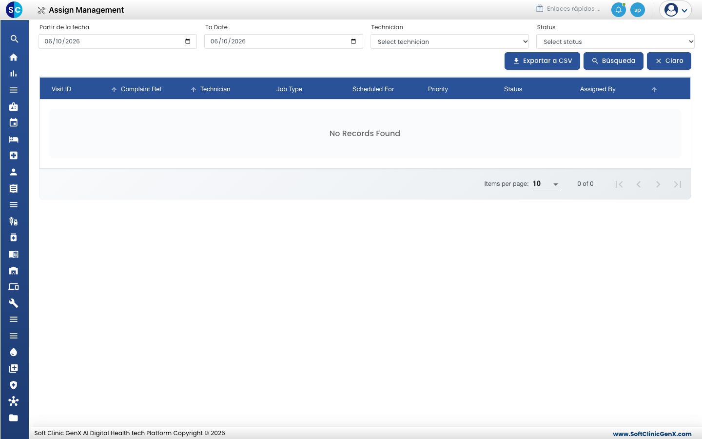 La lista de Assign Management con los filtros y las columnas Visit ID, Complaint Ref, Technician, Job Type, Scheduled For, Priority, Status y Assigned By.