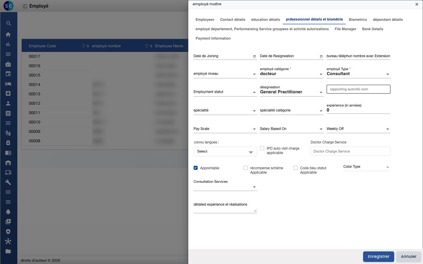 Professional Details d'un médecin, avec Consultation Services et Doctor Charge Service