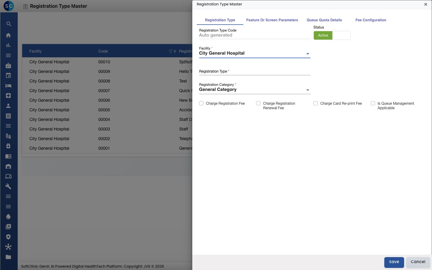 The Registration Type form with Charge Registration Fee