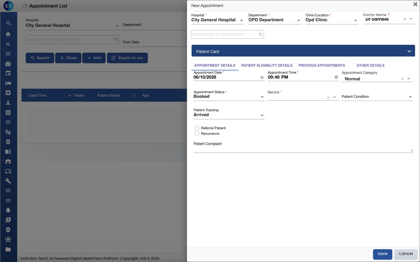 The new appointment form with the Service field