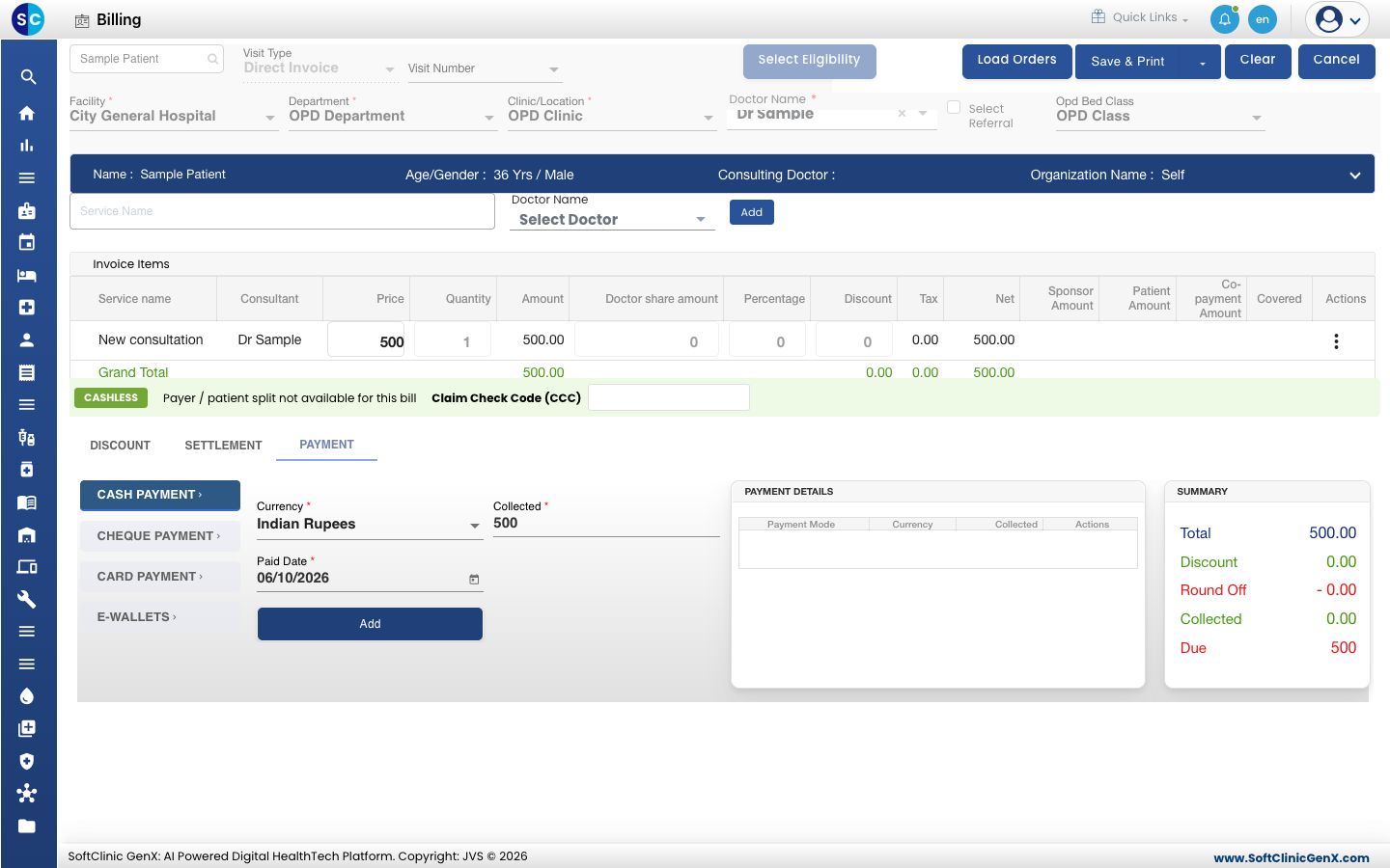 The OPD bill with its service lines and the Load Orders button
