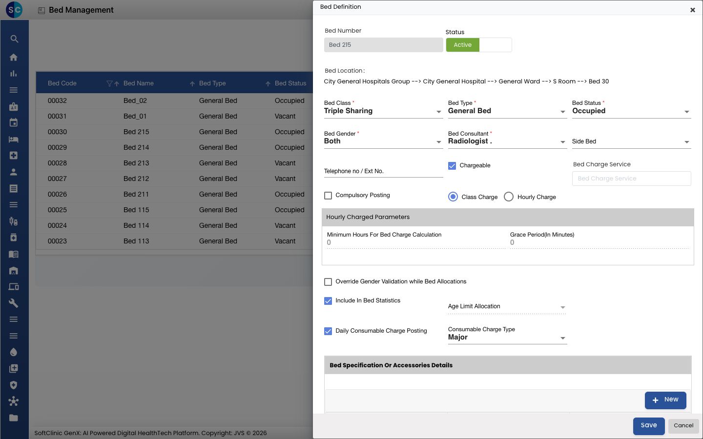 The Bed Management form with Bed Charge Service