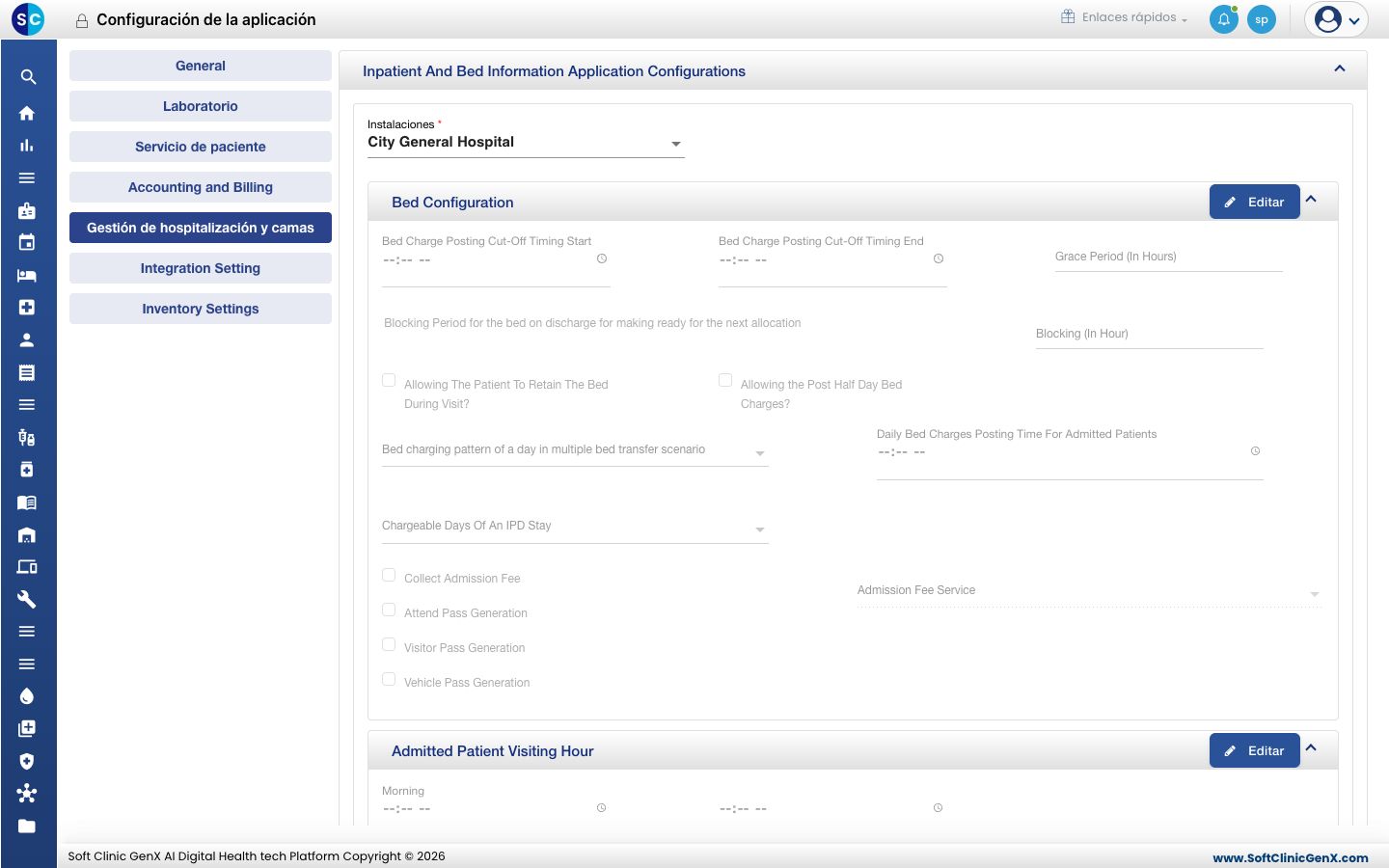 La pestaña Inpatient And Bed Management de Application Configuration