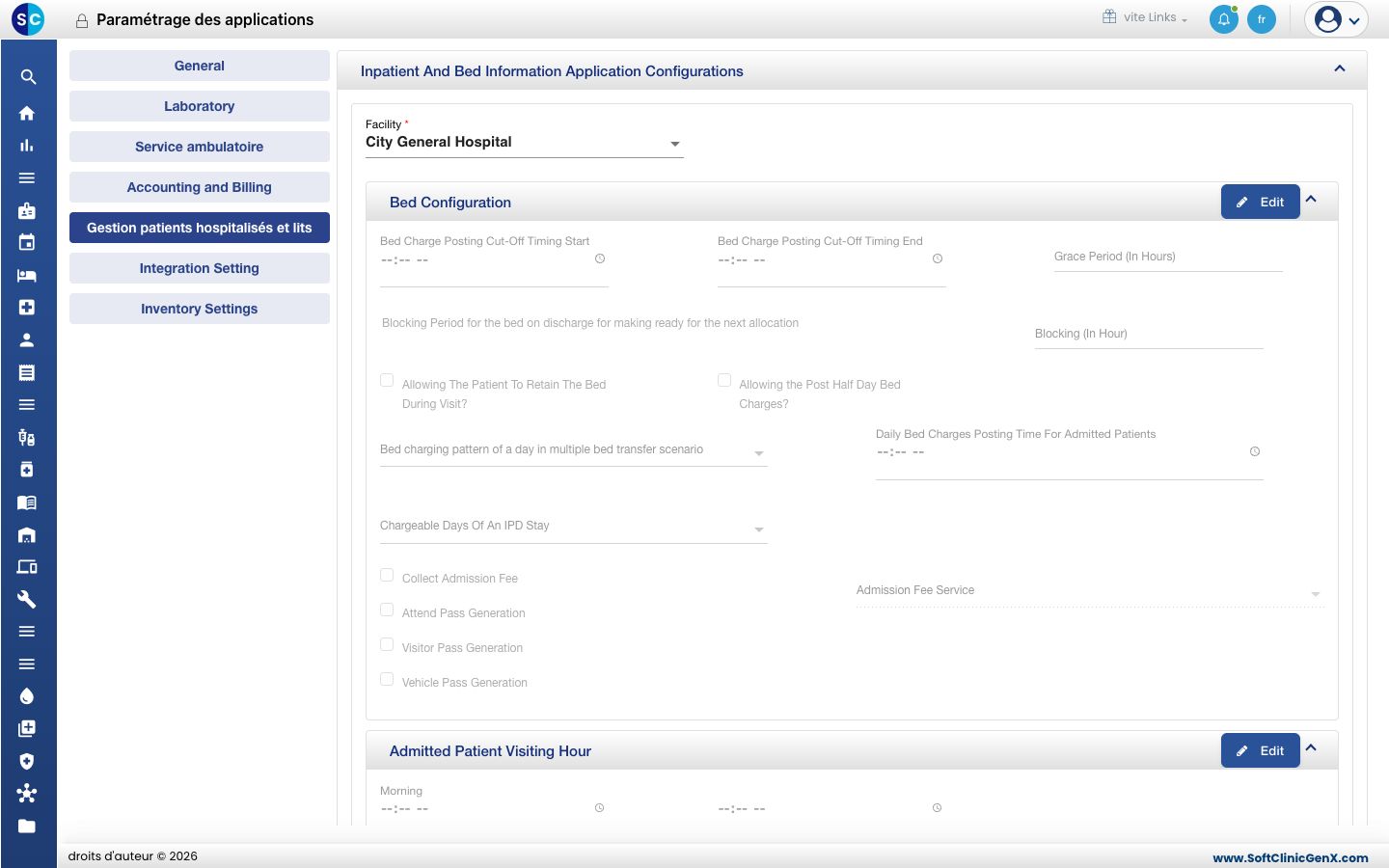 L'onglet Inpatient And Bed Management de Application Configuration