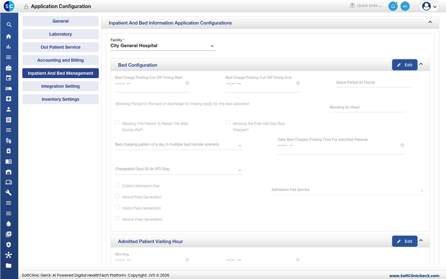 The Inpatient And Bed Management tab of Application Configuration