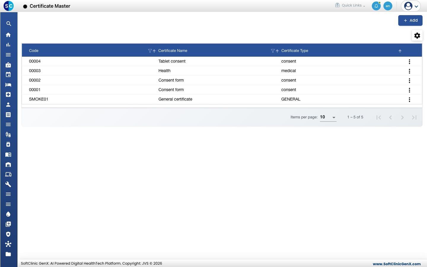 The Certificate Master list with each template's code, name and type.