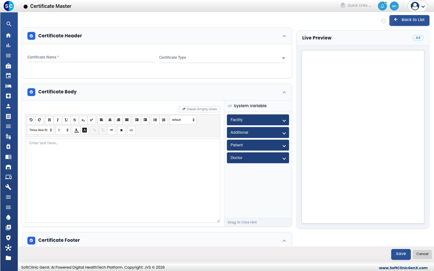 The new certificate form with the header, the body editor, the System Variable list and the Live Preview.