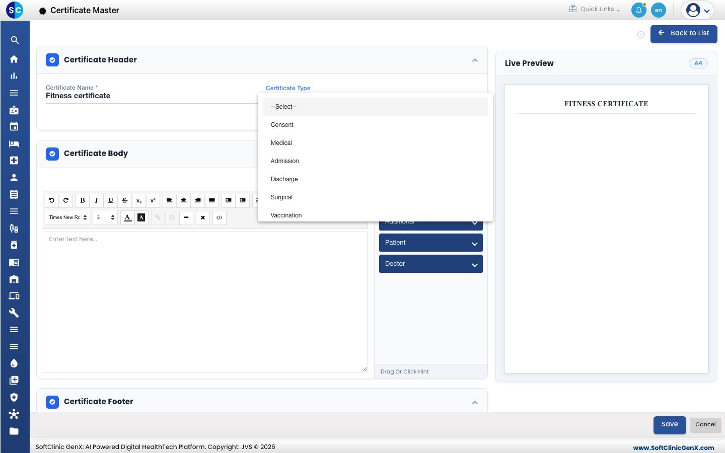 The Certificate Type list with the available types, and the name shown in the Live Preview.