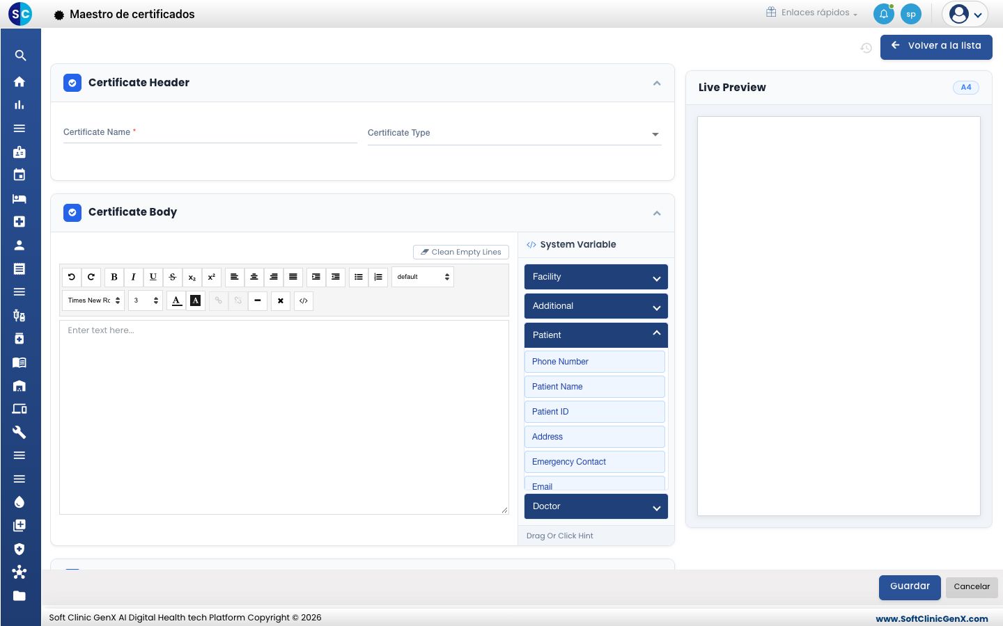 La lista Patient en System Variable con Phone Number, Patient Name, Patient ID, Address, Emergency Contact y Email.