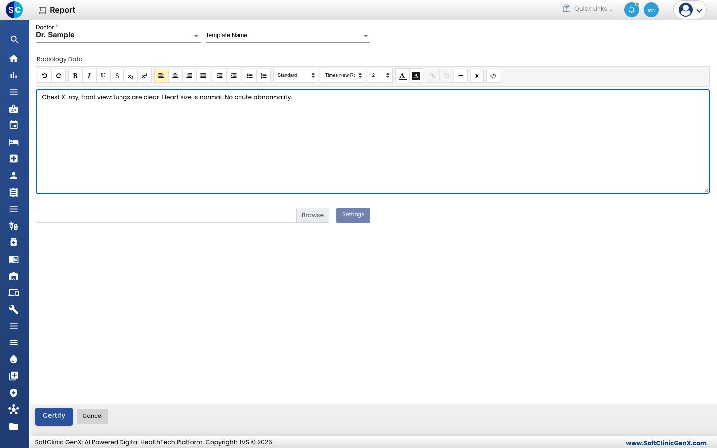 The report screen when certifying, with a Certify button instead of Save.