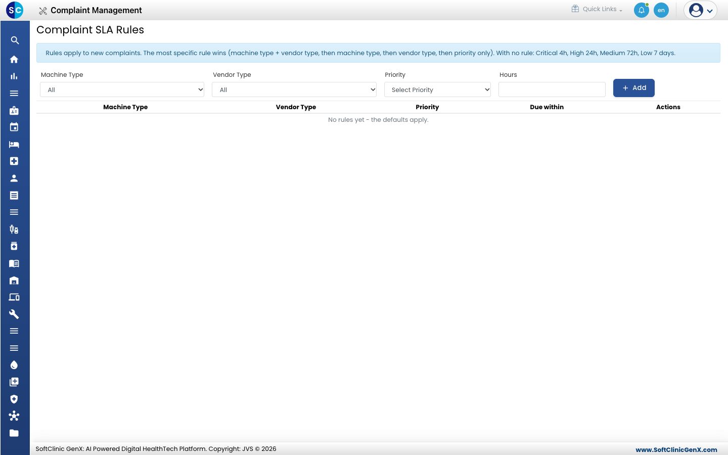The Complaint SLA Rules screen with the rule fields and the list of rules.
