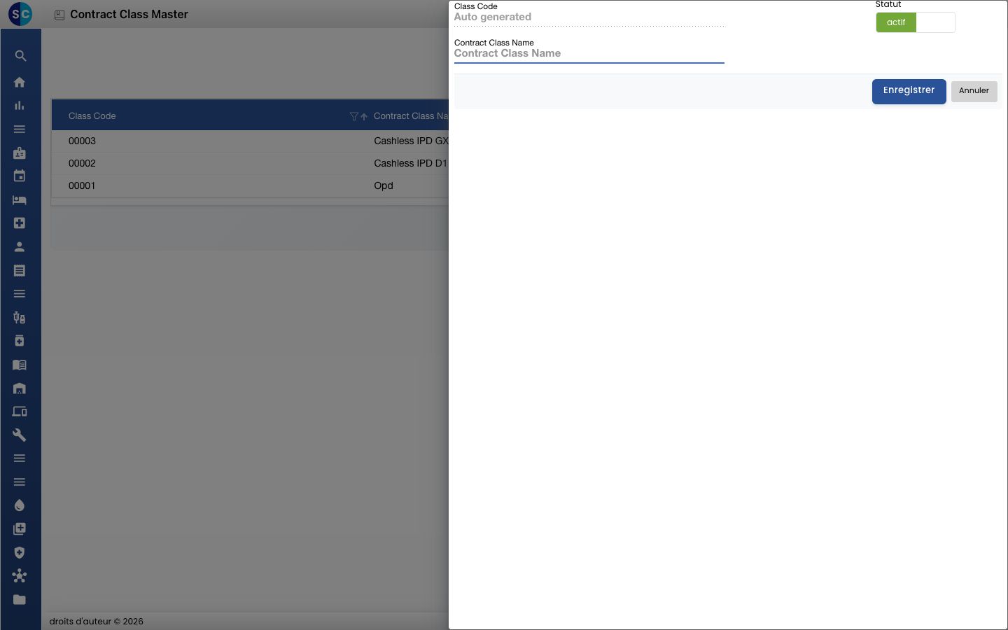 Le panneau Contract Class Master avec les champs Class Code, Statut et Contract Class Name.