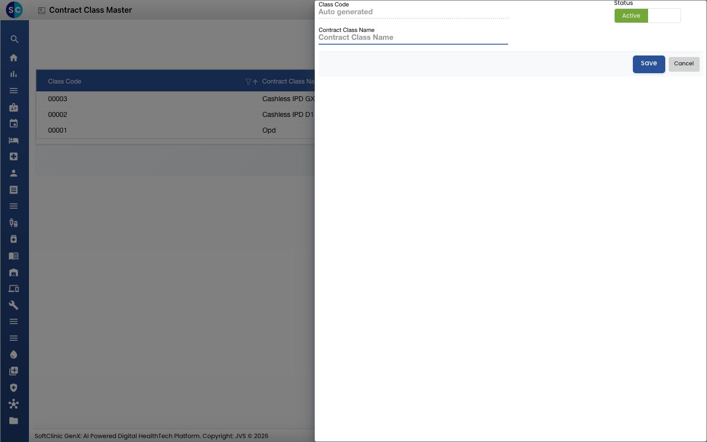The Contract Class Master panel with the Class Code, Status and Contract Class Name fields.