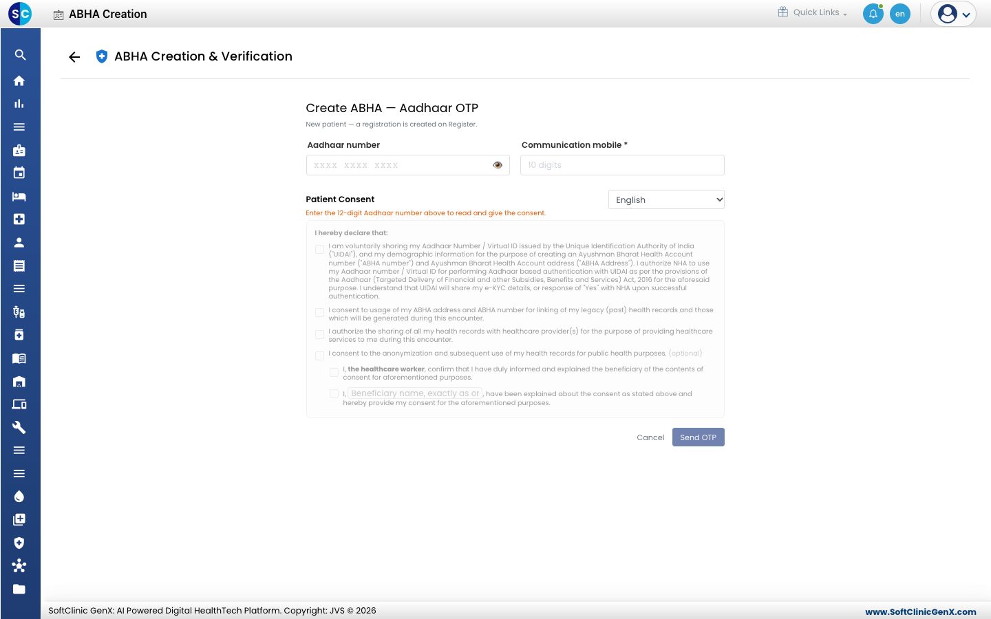 The Create ABHA - Aadhaar OTP screen with the Aadhaar number, communication mobile and the patient consent.