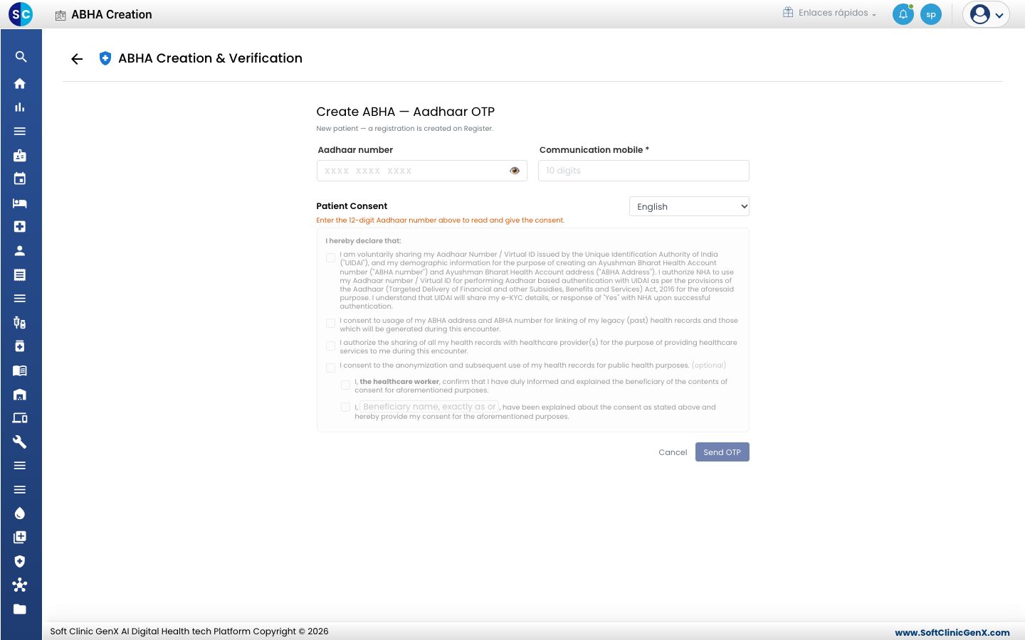 La pantalla Create ABHA - Aadhaar OTP con el número de Aadhaar, el móvil de contacto y el consentimiento del paciente.