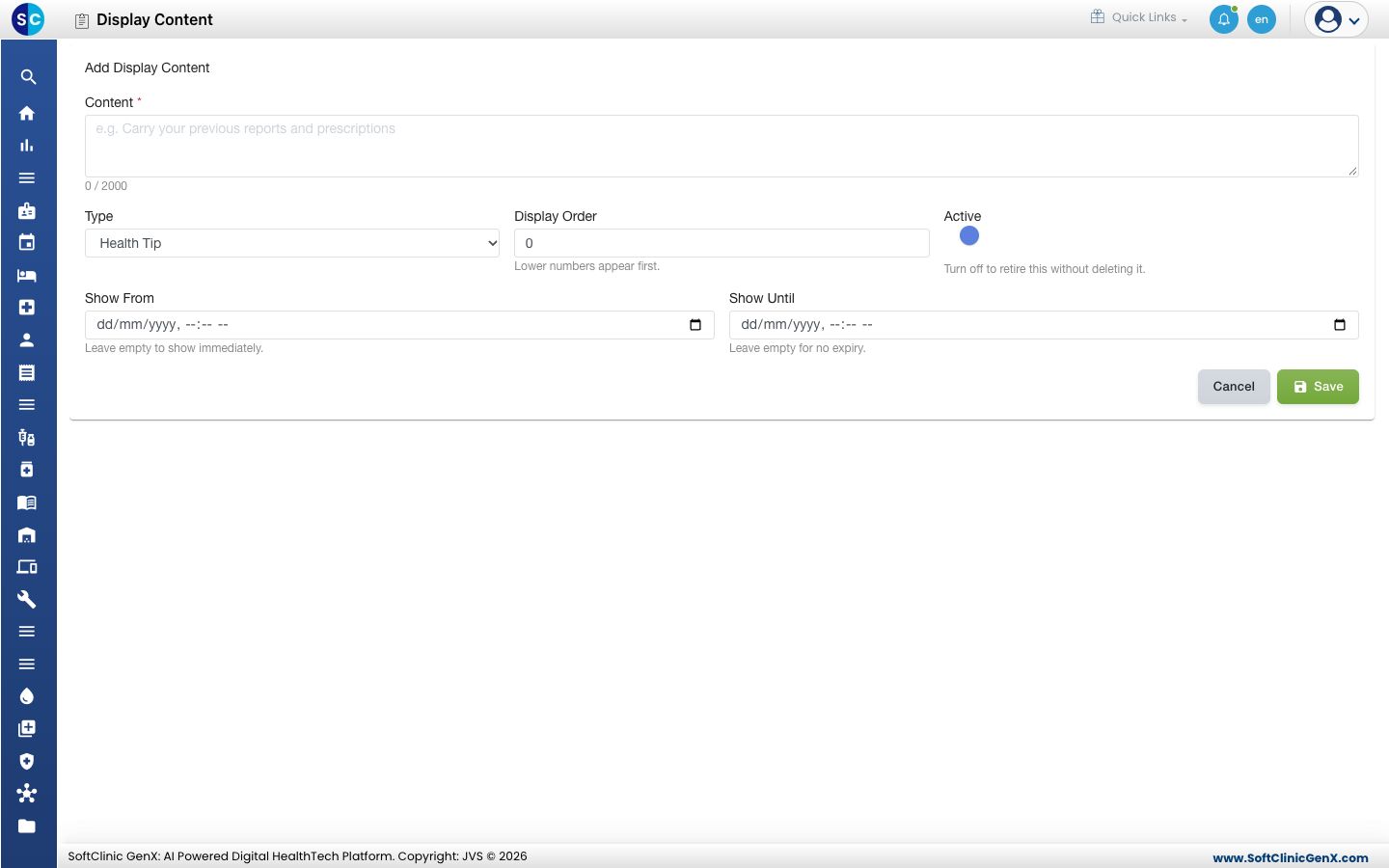 The Add Display Content form.