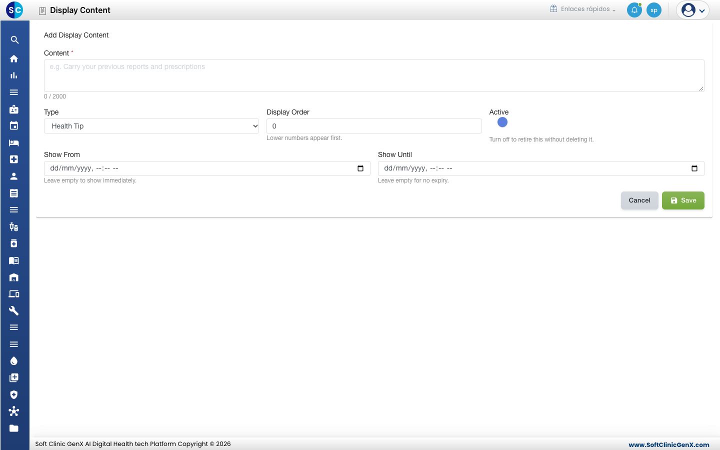 El formulario Add Display Content.