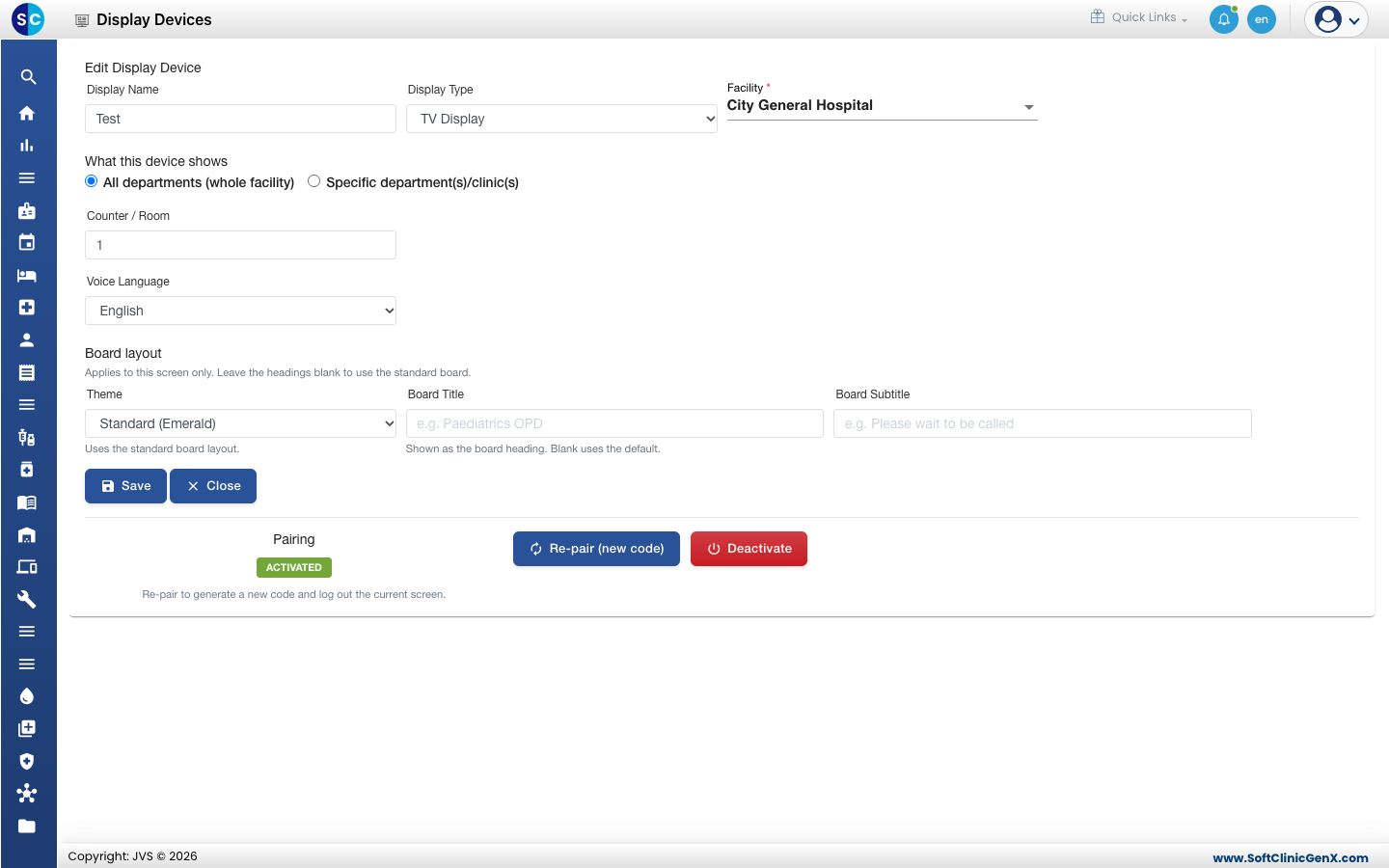 The Pairing section with Re-pair (new code) and Deactivate.