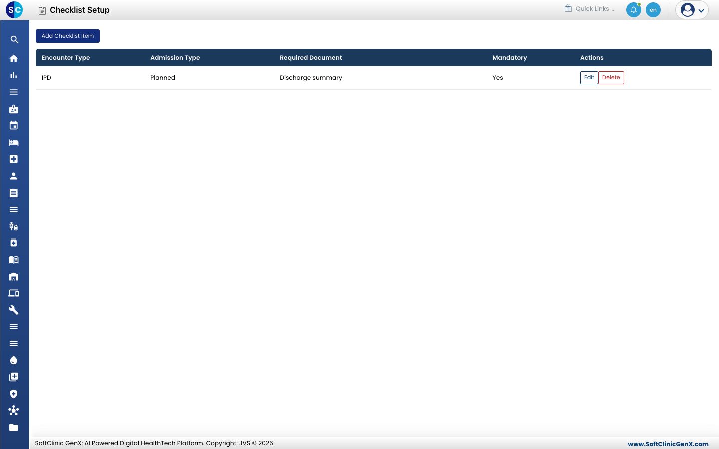 The Checklist Setup list with each item's encounter type, admission type, required document and whether it is mandatory.