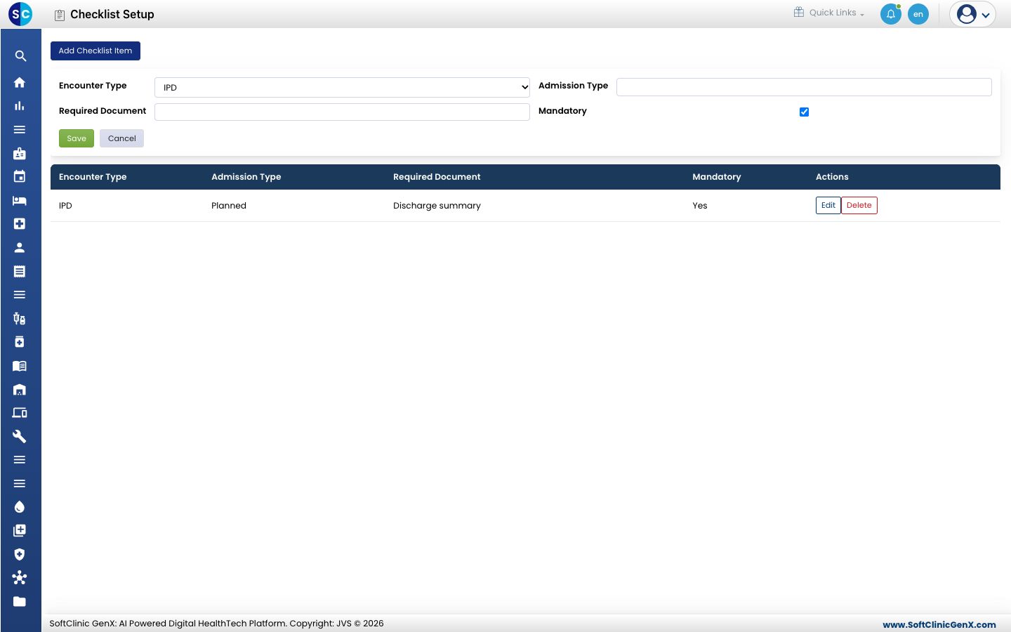 The Add Checklist Item form above the list, with Encounter Type, Admission Type, Required Document and Mandatory.