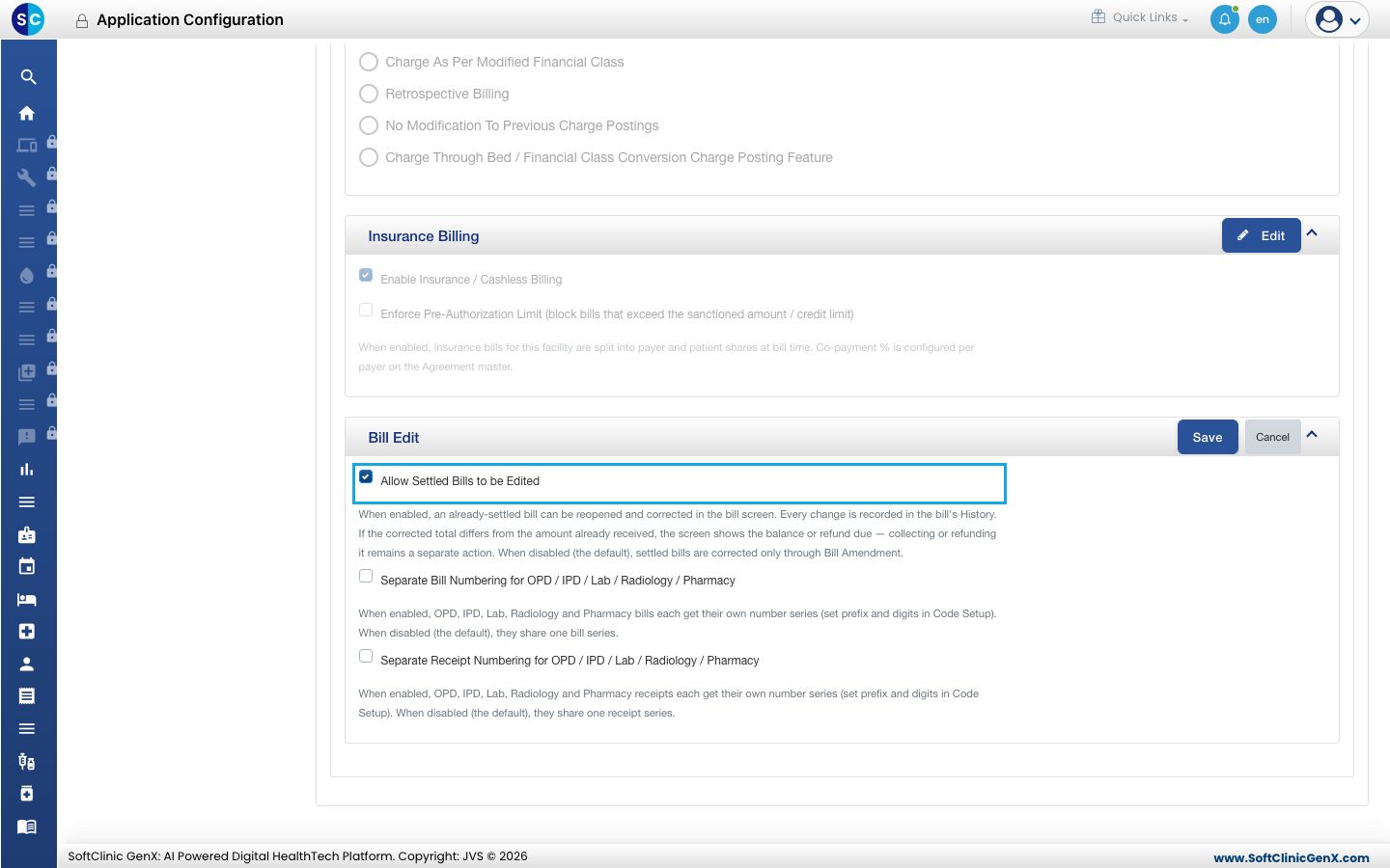 The Bill Edit panel with Allow Settled Bills to be Edited ticked (highlighted)