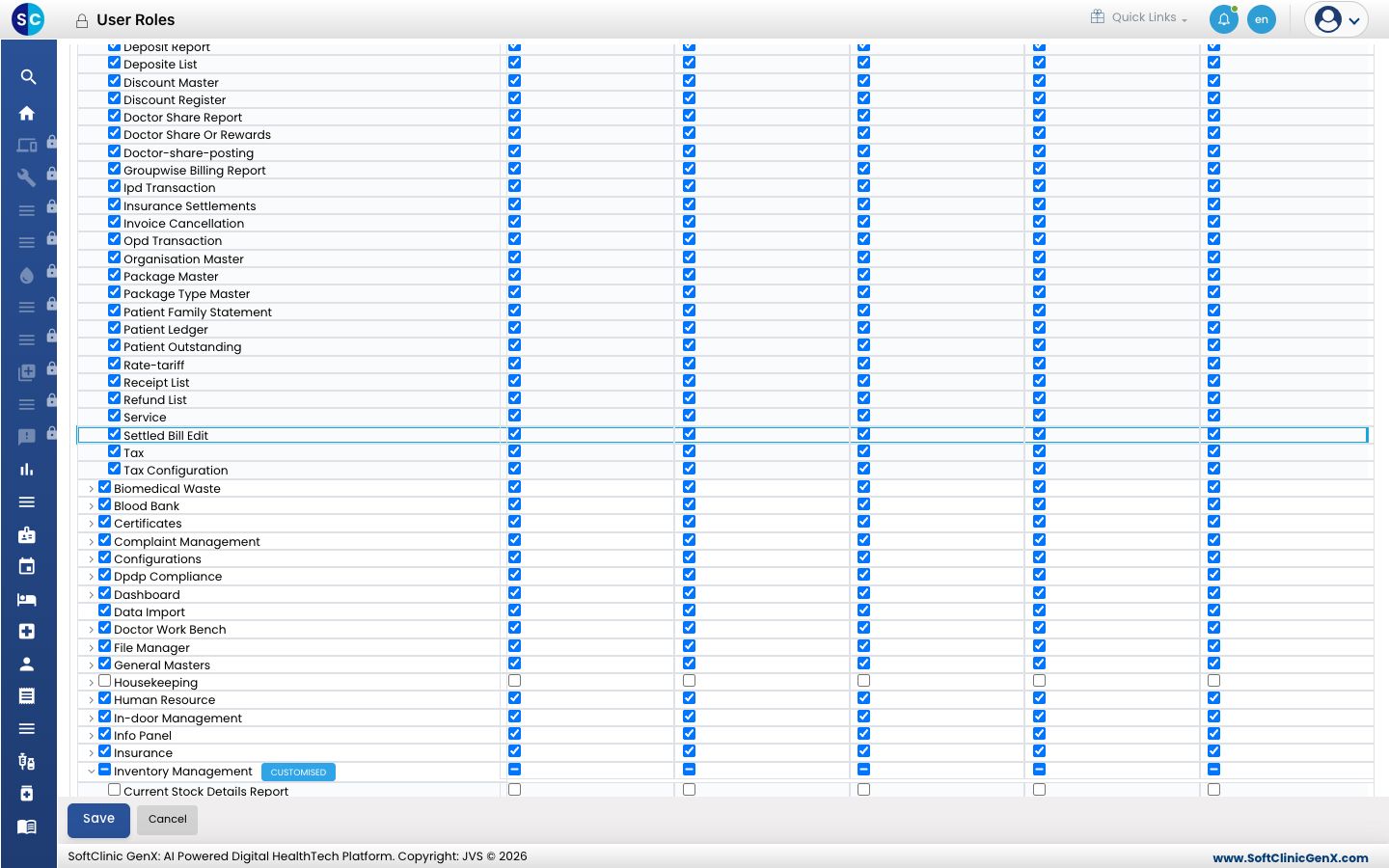 The Settled Bill Edit row under Billing with Update ticked (highlighted)