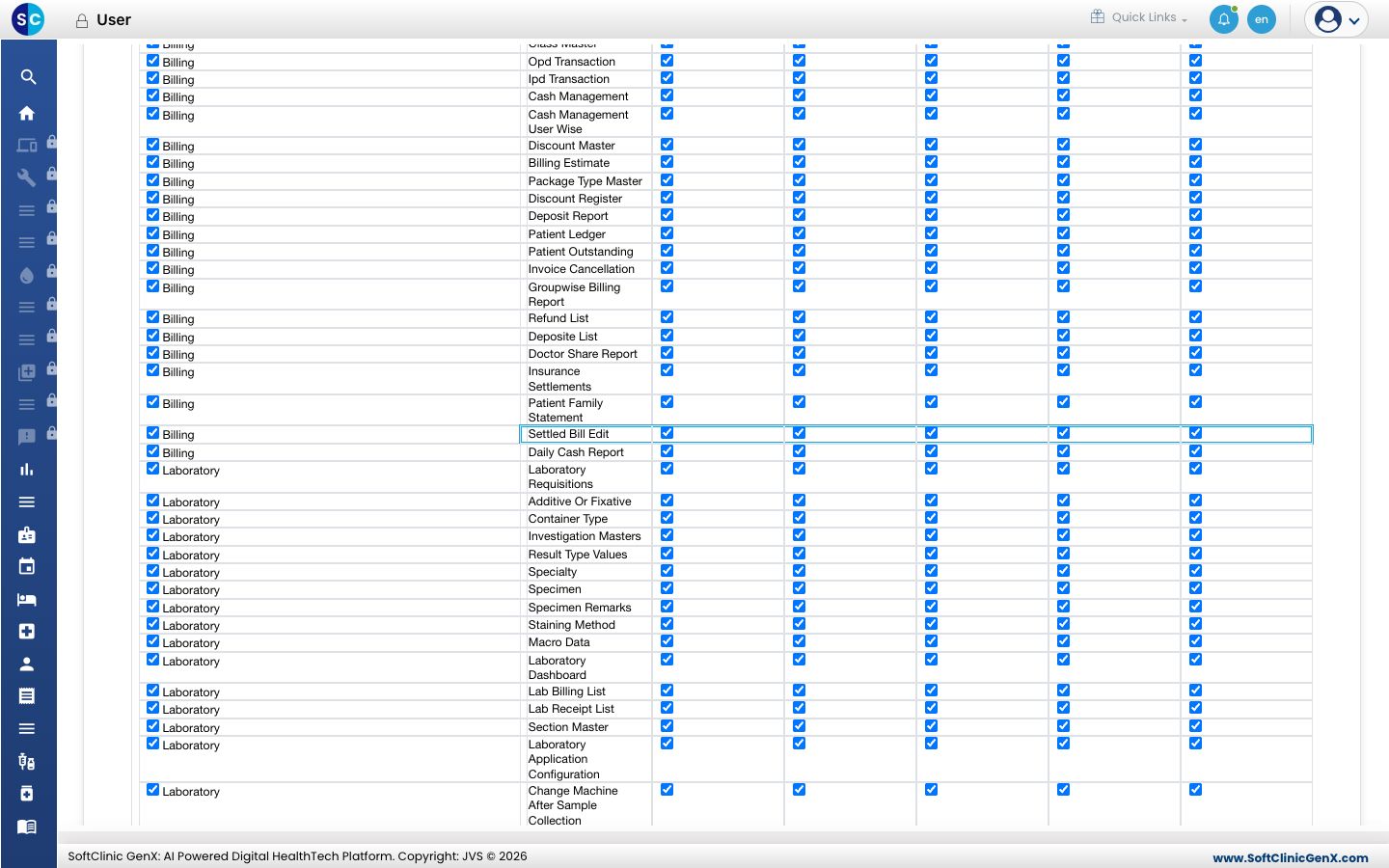The Settled Bill Edit row on the user's ROLES tab with Update ticked (highlighted)