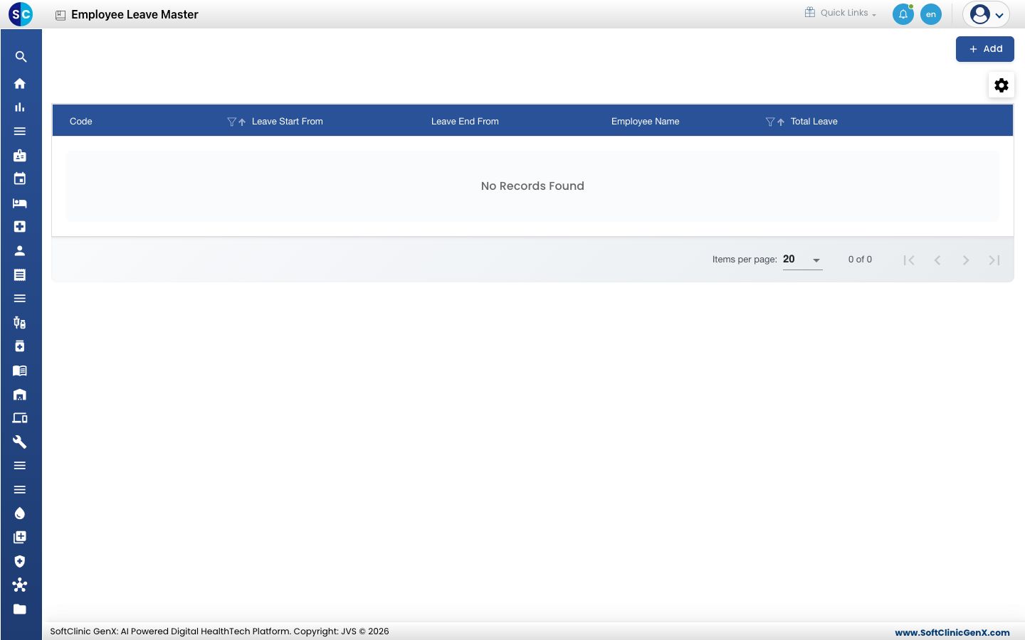 The Employee Leave Master list with leave start, leave end, employee name and total leave