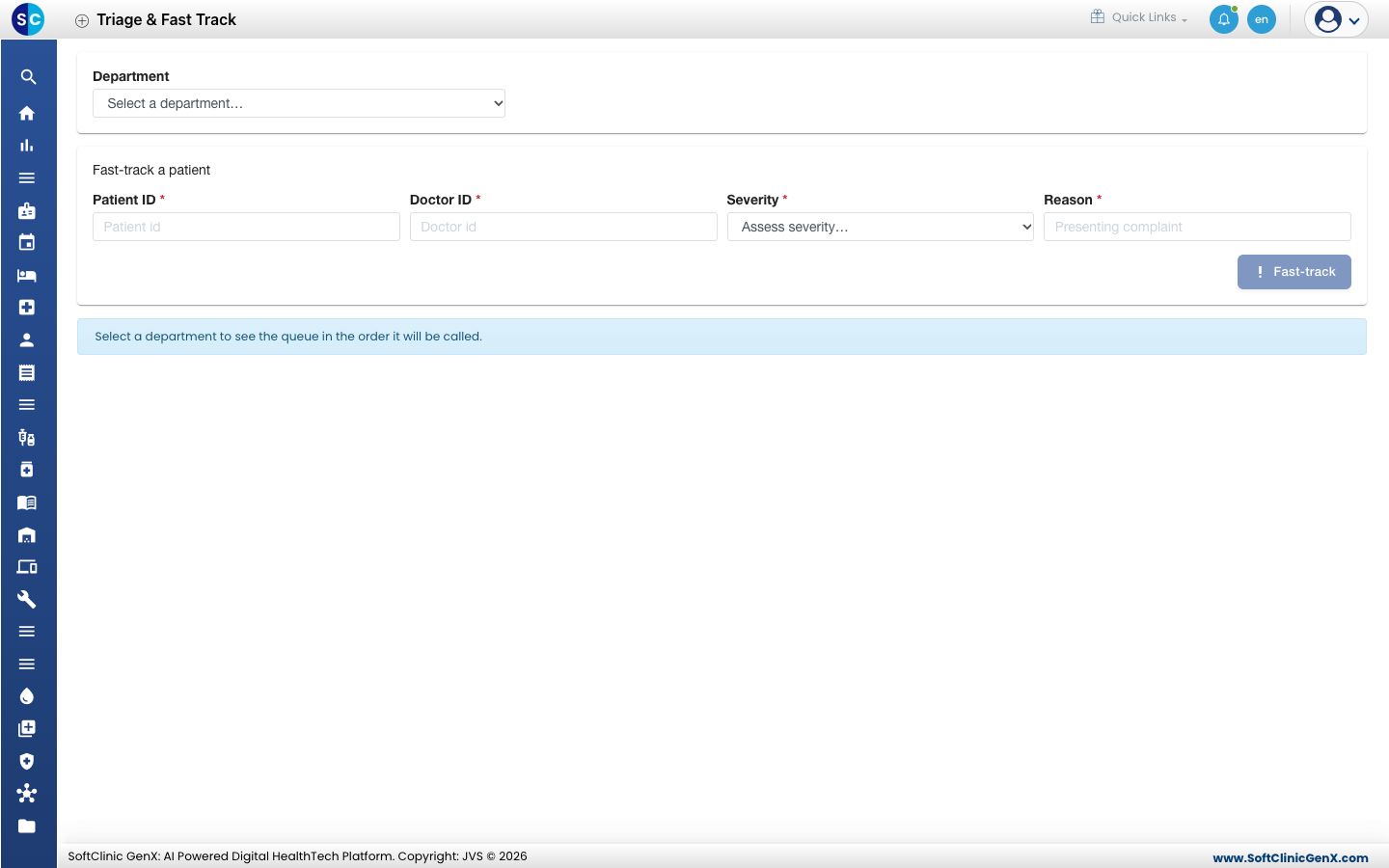 The Triage & Fast Track screen with the department box and the Fast-track a patient form.