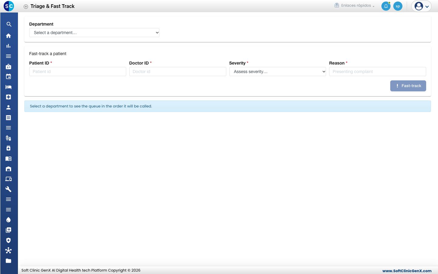 La pantalla Triage & Fast Track con el cuadro de departamento y el formulario Fast-track a patient.