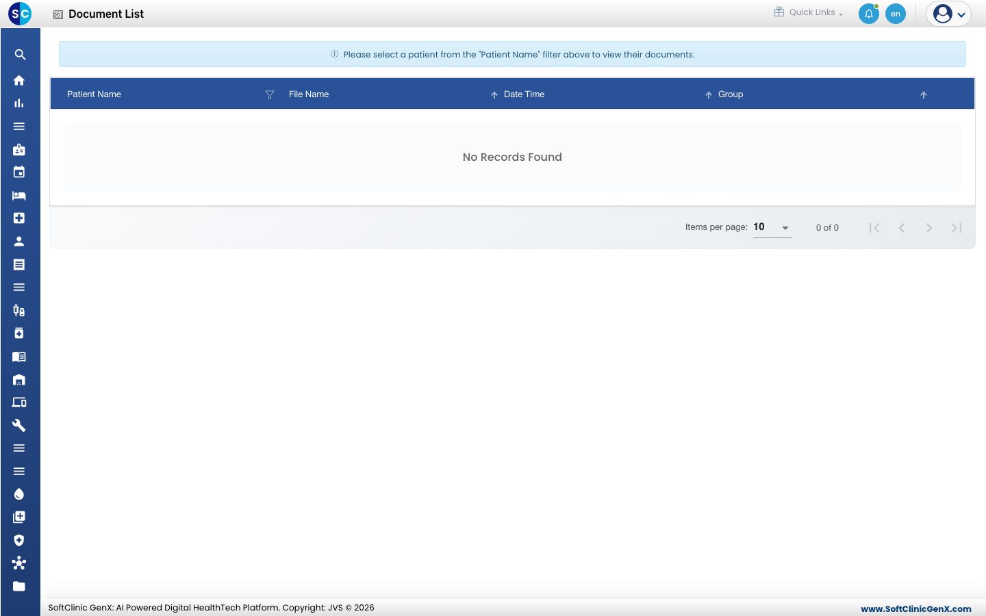 The Document List with the message to choose a patient from the Patient Name filter, and the empty list.