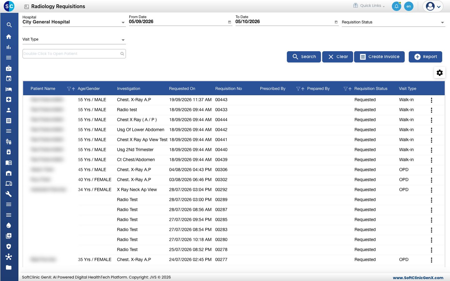 The Radiology Requisitions worklist.