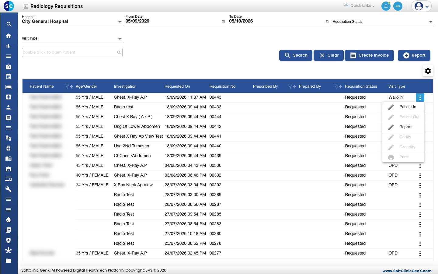 The row menu. Only the actions that fit the order's status are active.