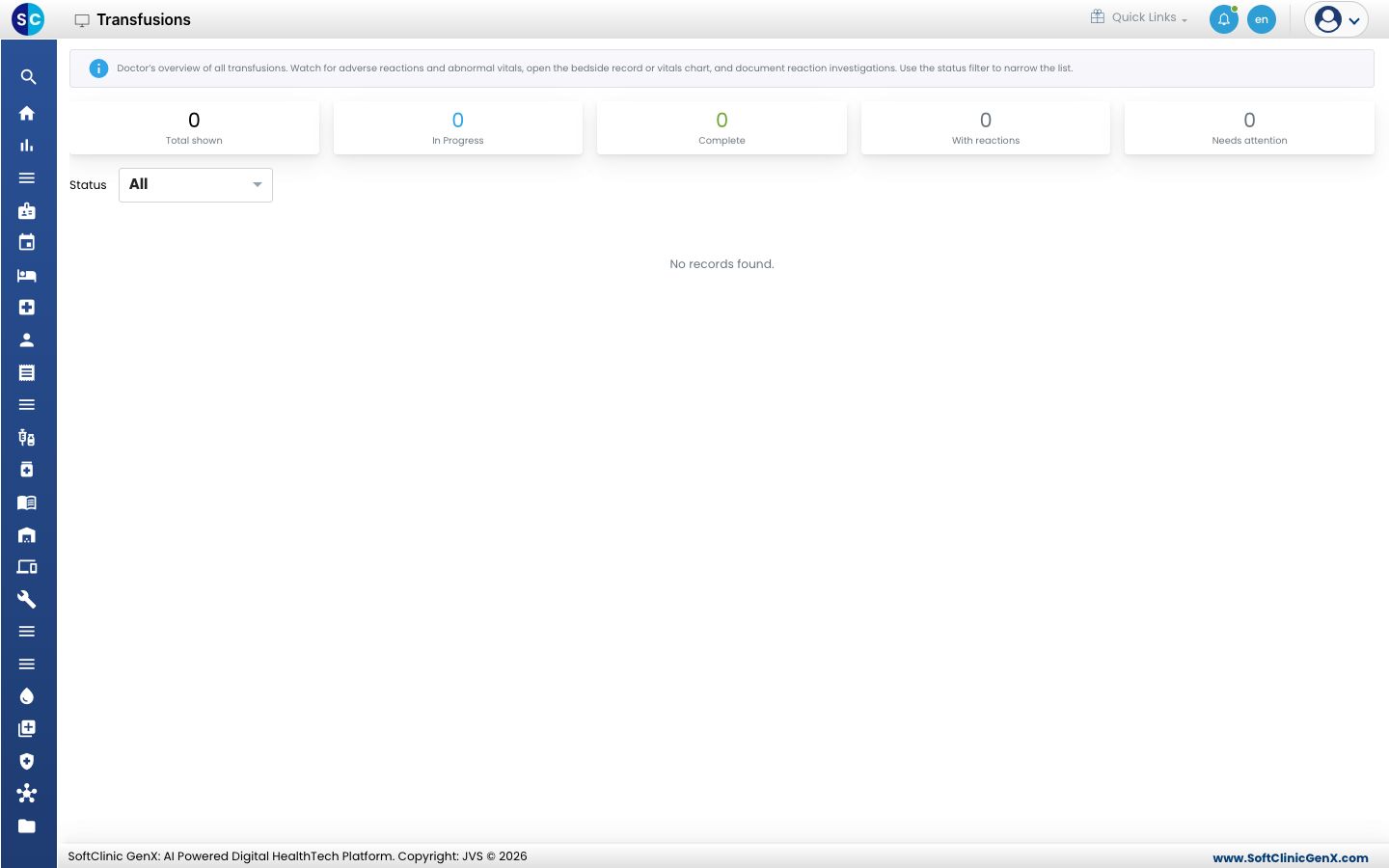 The Transfusions screen with the counts for total, in progress, complete, with reactions and needs attention, and the Status filter.