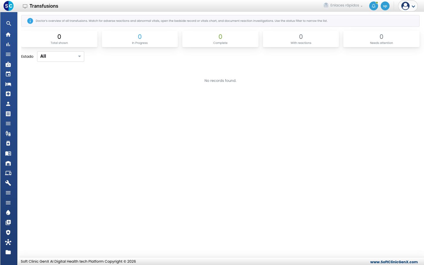 La pantalla Transfusions con los contadores de total, en curso, completas, con reacciones y que requieren atención, y el filtro Estado.