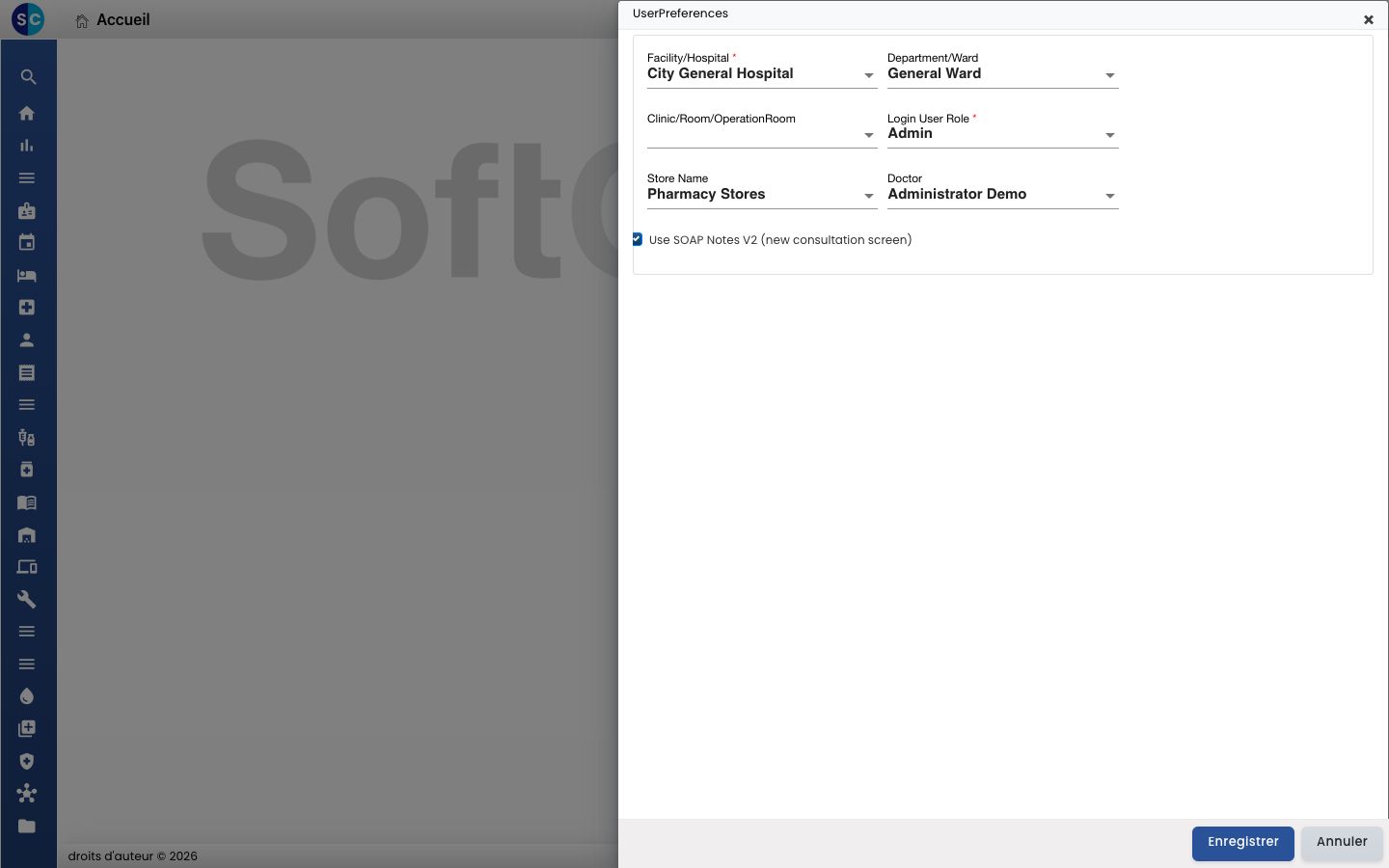 User Preferences avec Use SOAP Notes V2 (new consultation screen) coché