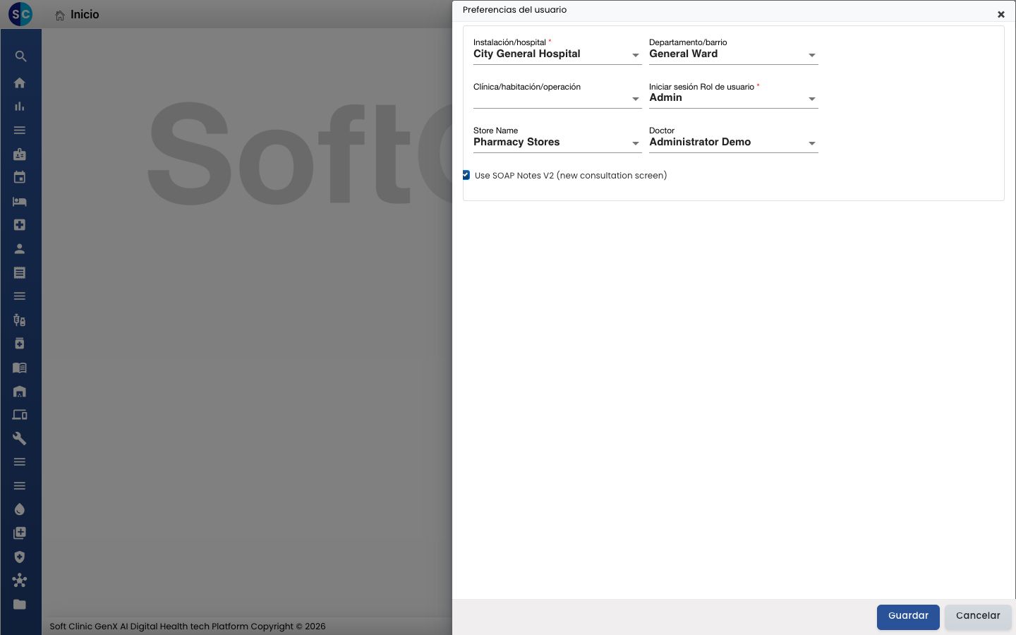 User Preferences con Use SOAP Notes V2 (new consultation screen) marcado