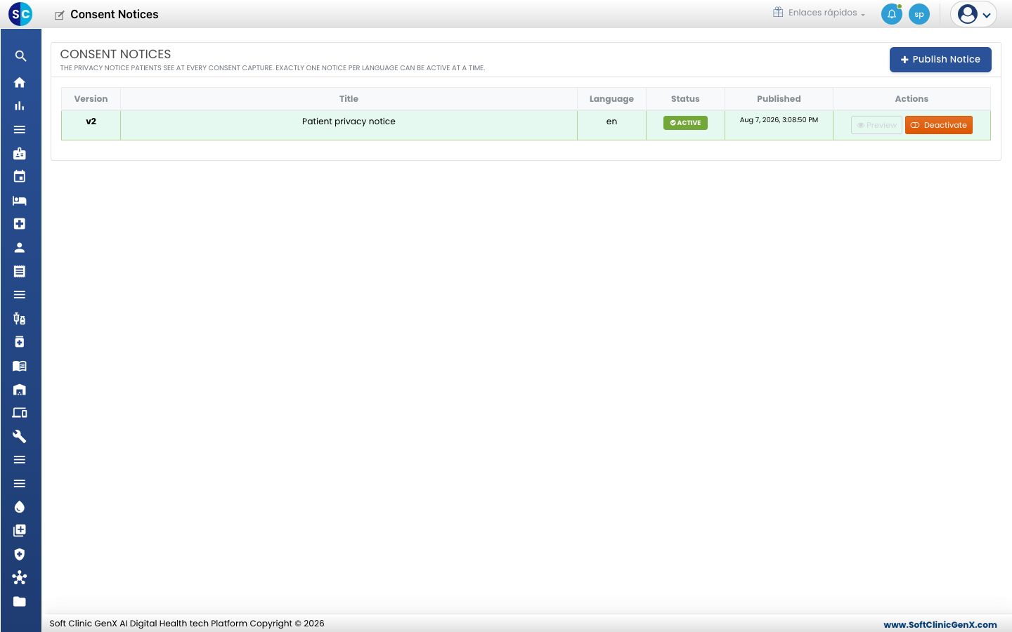 Lista de Consent Notices con un aviso activo