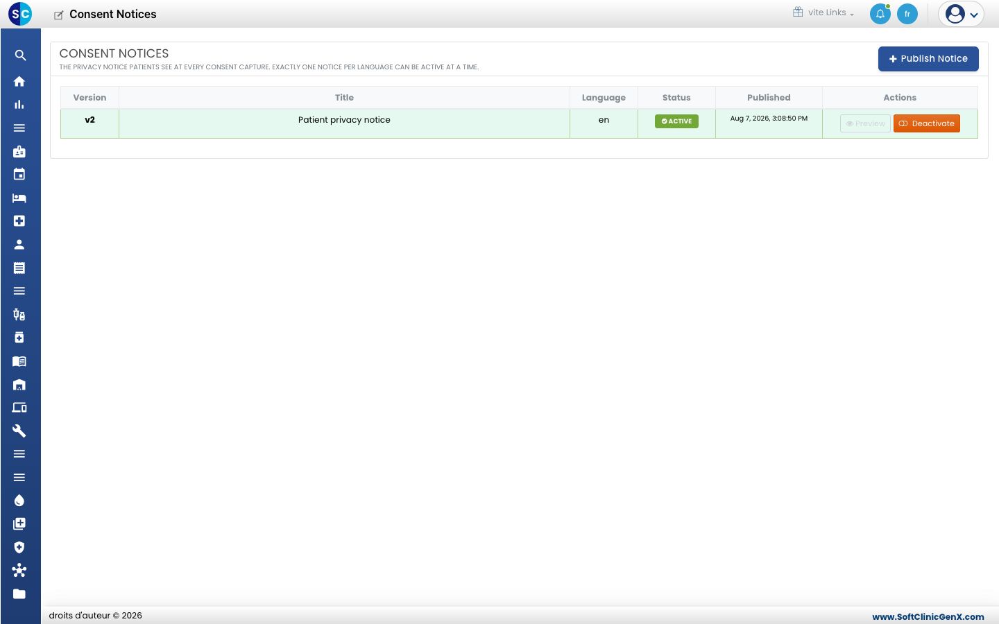 Liste Consent Notices avec un avis actif