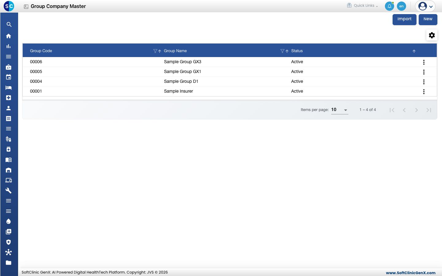 The Group Company Master list with each group's code, name and status.