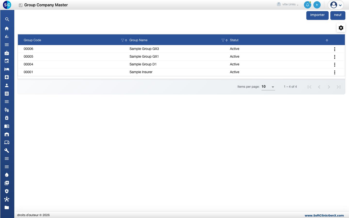 La liste Group Company Master avec le code, le nom et le statut de chaque groupe.