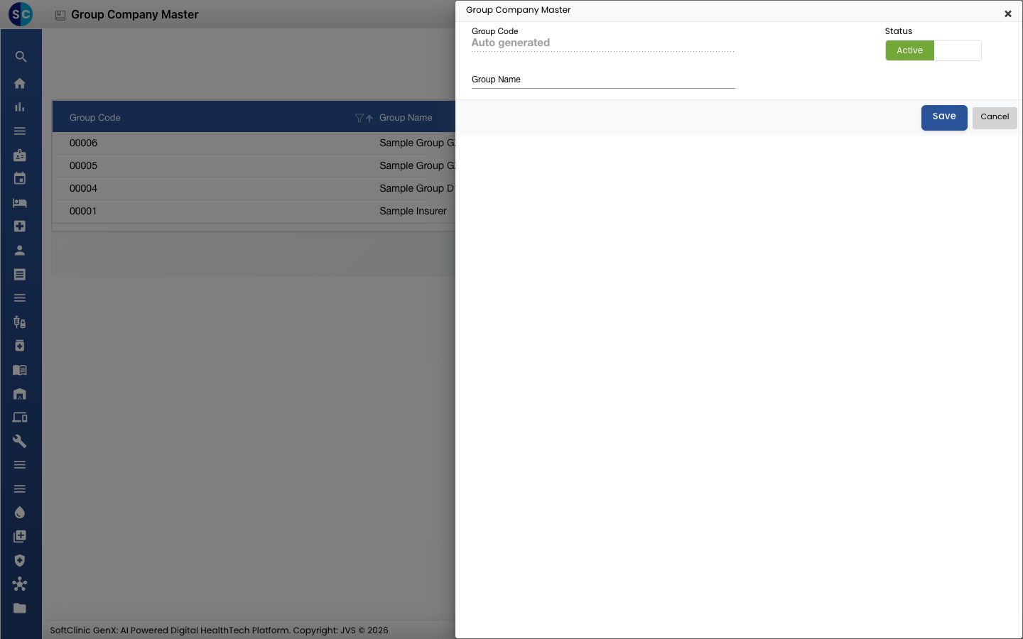 The Group Company Master panel with the Group Code, Status and Group Name fields.