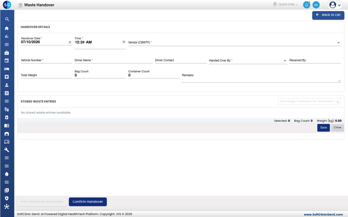 The Handover form with the stored waste entries section.