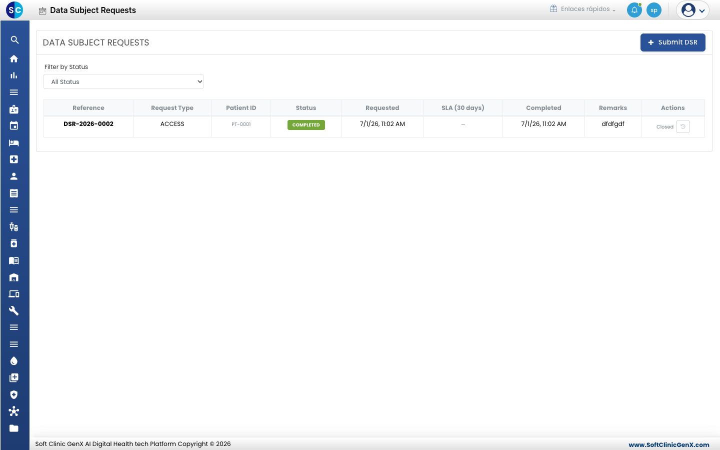 La lista Data Subject Requests con Reference, Request Type, Patient ID, Status, Requested, SLA, Completed y Remarks.